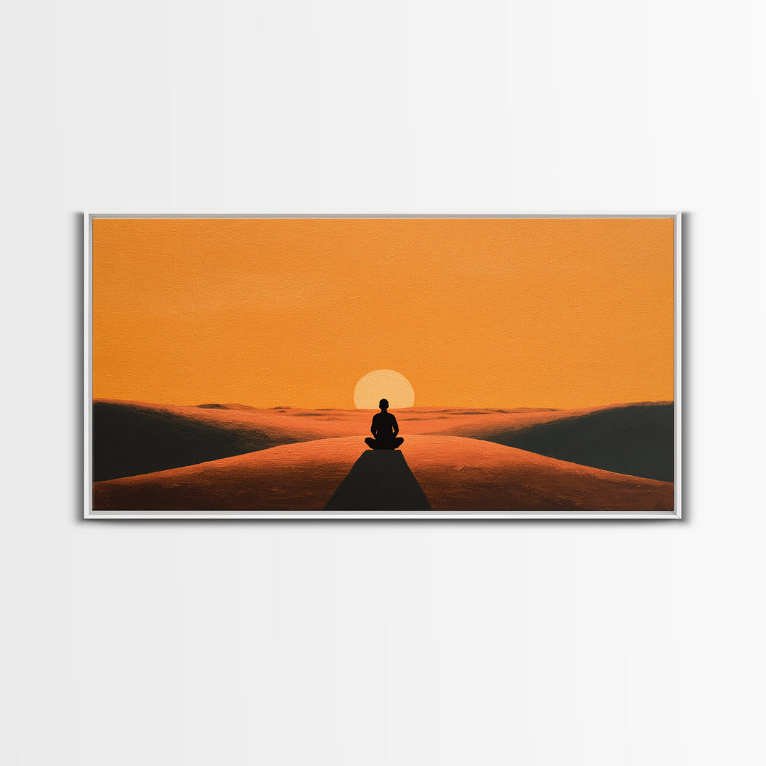 Meditative Silhouette On Warm Sunset Dunes Minimalist Wall Art Canvas Print For Relaxing Home Décor
