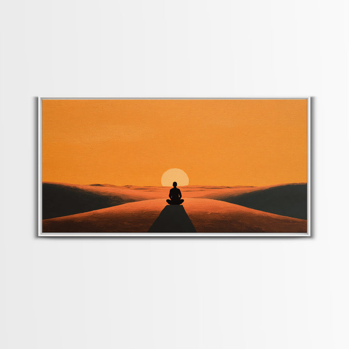 Meditative Silhouette On Warm Sunset Dunes Minimalist Wall Art Canvas Print For Relaxing Home Décor