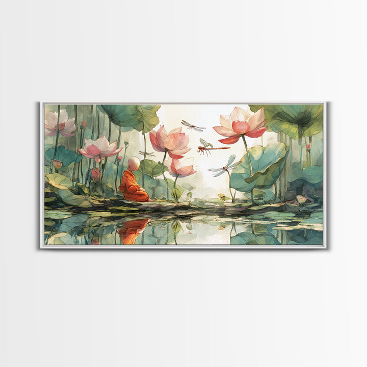 Serene Meditating Monk Among Lotus Flowers And Dragonflies Wall Art Beautiful Calm Nature Scene Framed Canvas Print