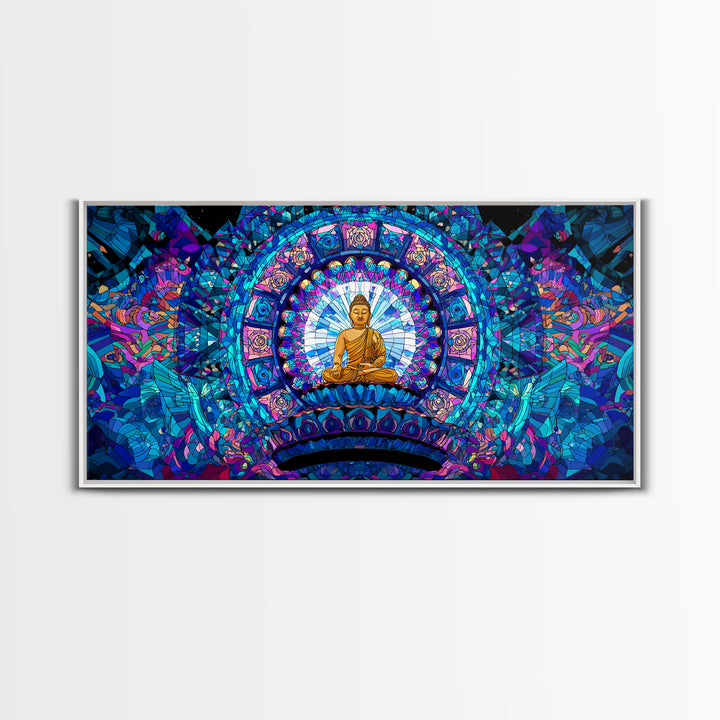 Stained Glass Style Blue Buddha Meditation Wall Art Framed Canvas Print For Spa Decor And Spiritual Home Decor