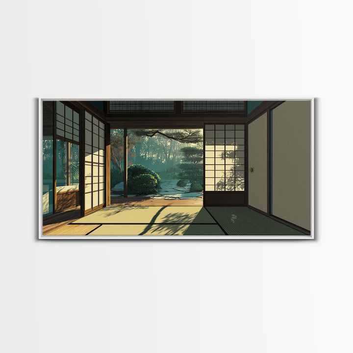 Sunlit Japanese Interior With Garden View Painting Canvas Print Minimalist Wall Art For Bedroom And Office