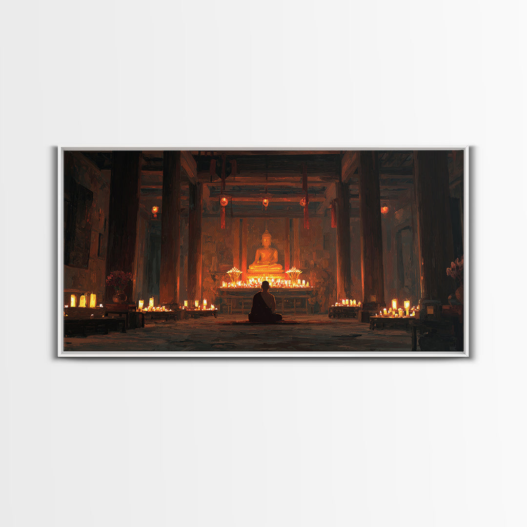 Serene Buddha Meditation In Candlelit Temple Painting Wall Art Home Spiritual Canvas Print Zen Decor