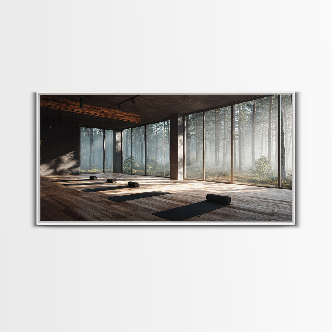 Peaceful Yoga Studio Interior With Forest View Wall Art Canvas Print Modern Office Decor Tranquil Space