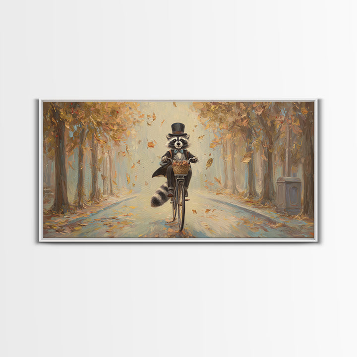 Whimsical Raccoon Riding Bicycle Canvas Print, Autumn Wall Art, Cute Animal Art, Kids Room Decor, Nursery Wall Art, Gift