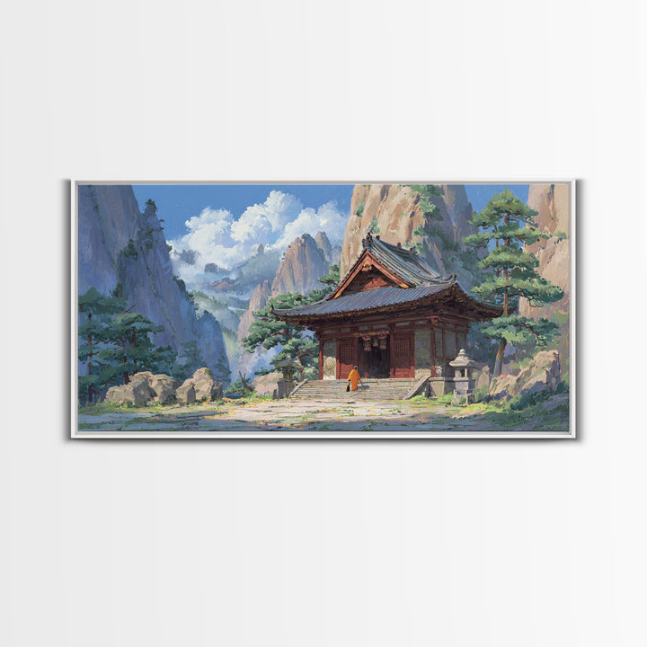 Peaceful Buddhist Temple Amid Mountains With Morning Mist Landscape Wall Art, Original Artwork Framed Canvas Print, Zen Decor