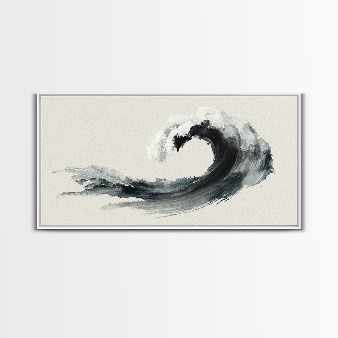 Japanese Ink Painting Black Wave Minimalist Brush Stroke Abstract Art Wall Art Framed Canvas Print For Modern Living Room Decor