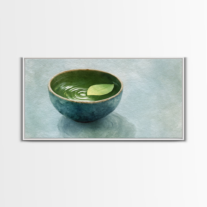 Minimalist Ceramic Bowl With Leaf Floating On Water Art Print For Zen Home Decor Framed Canvas Print