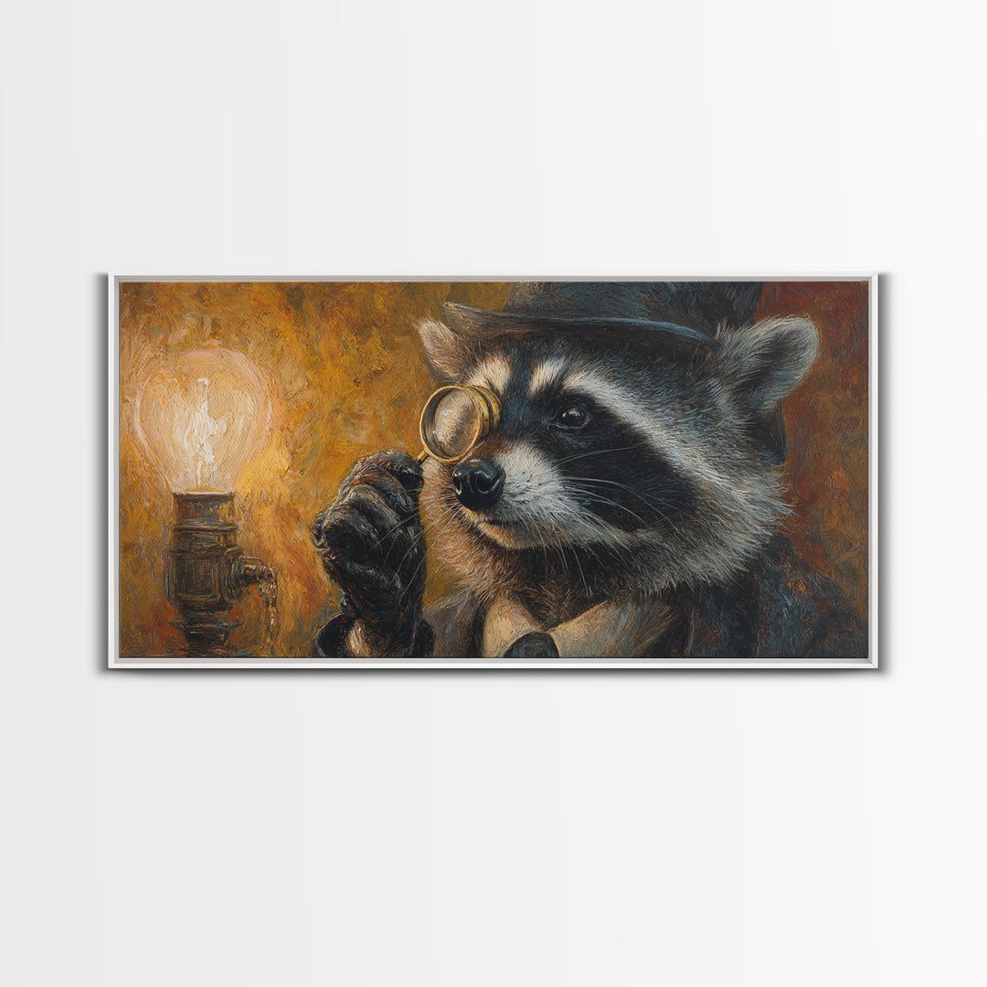 Raccoon Detective With Magnifying Glass Canvas Print, Whimsical Animal Wall Art, Steampunk Decor, Quirky Office Art, Gift