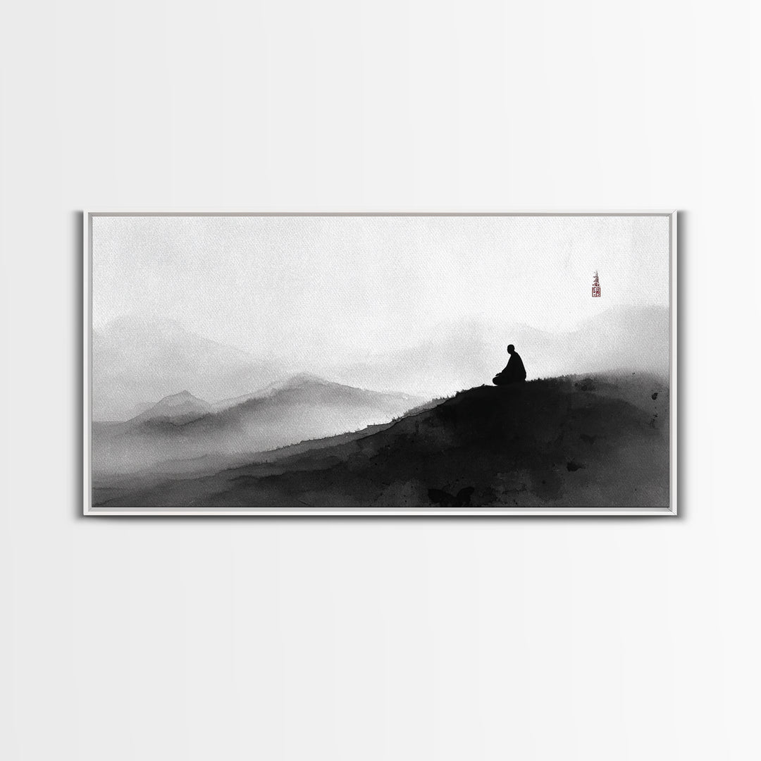 Peaceful Black And White Zen Mountain Meditation Wall Art Framed Canvas Print Spiritual Decor