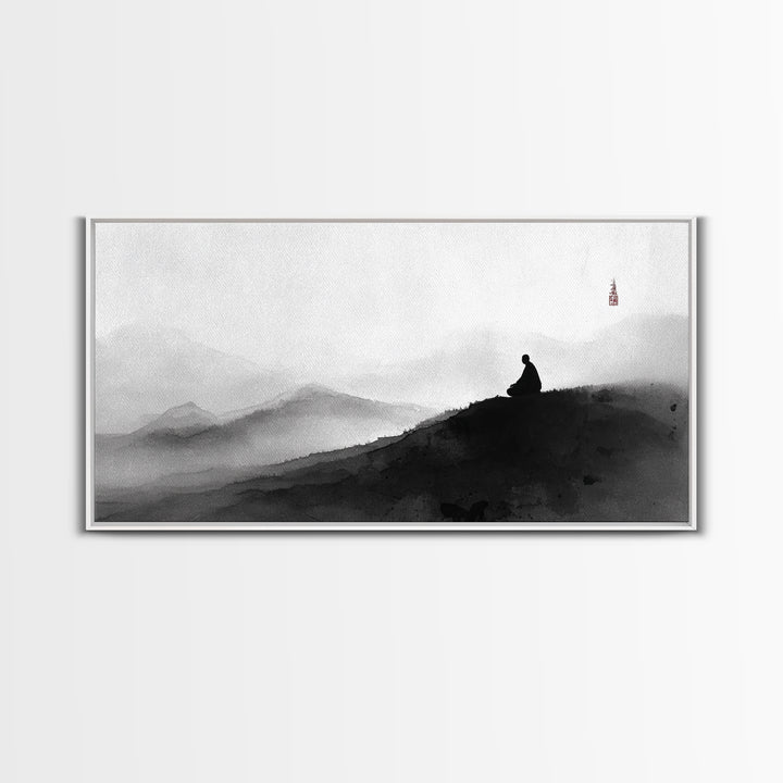 Peaceful Black And White Zen Mountain Meditation Wall Art Framed Canvas Print Spiritual Decor