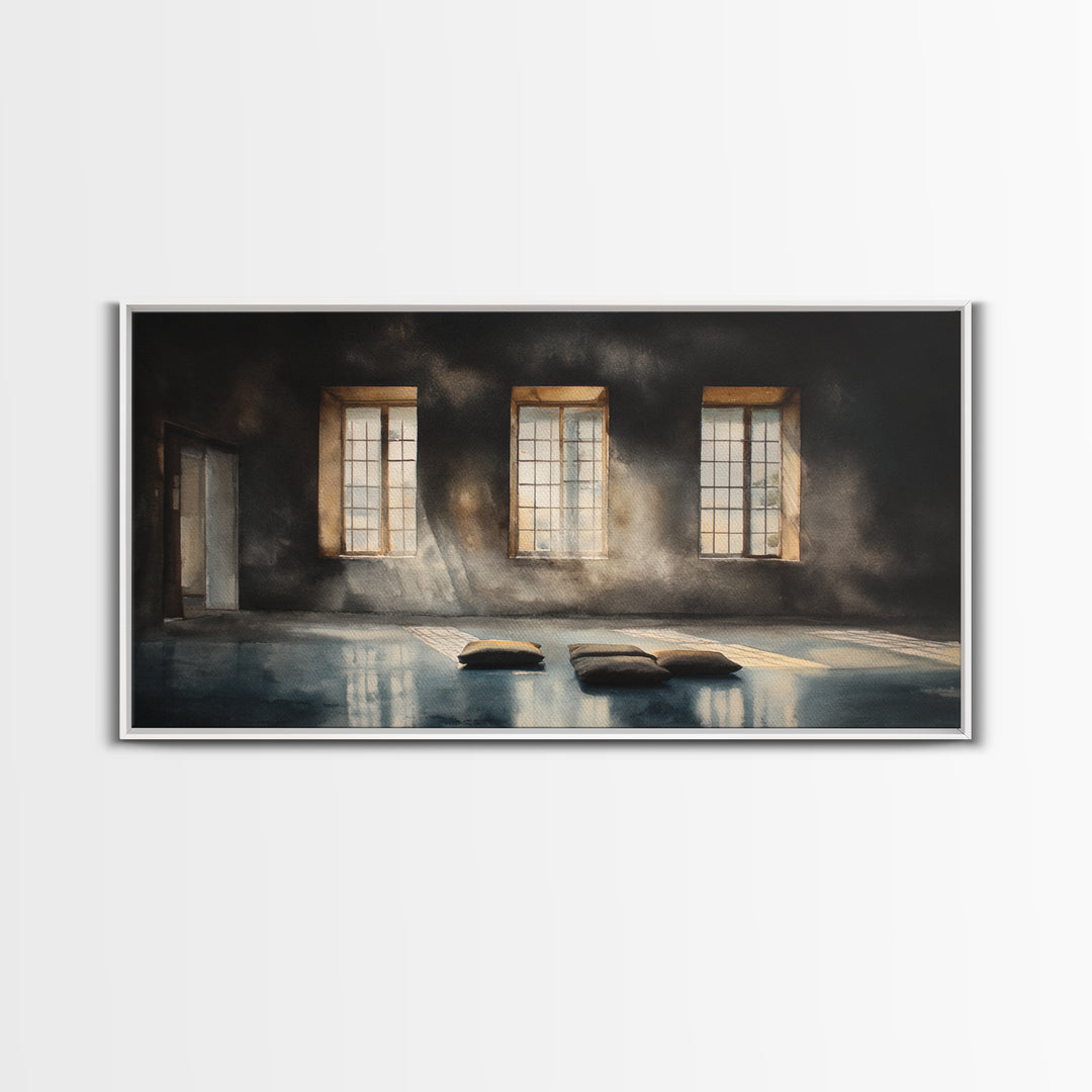 Sunlit Empty Room With Cushions And Large Windows Oil Painting Canvas Print Moody Wall Art For Minimalist Office Decor