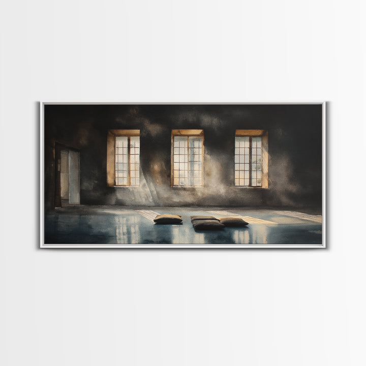 Sunlit Empty Room With Cushions And Large Windows Oil Painting Canvas Print Moody Wall Art For Minimalist Office Decor