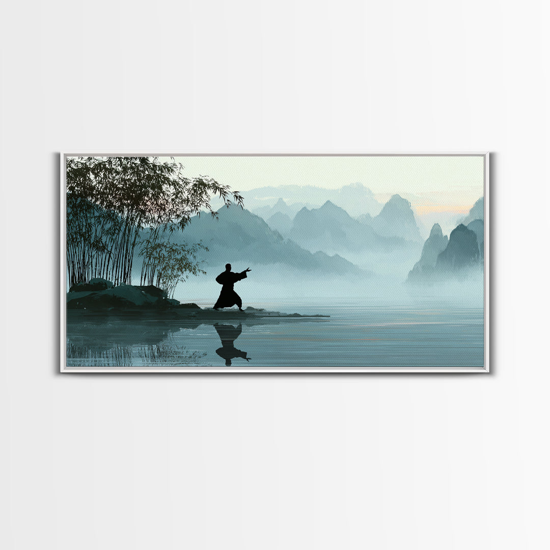 Serene Landscape With Taiji Practitioner By Water Misty Mountains Background Canvas Print Modern Wall Art Home Decor