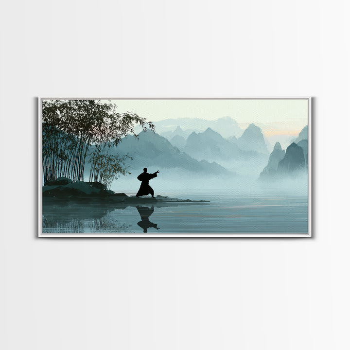 Serene Landscape With Taiji Practitioner By Water Misty Mountains Background Canvas Print Modern Wall Art Home Decor