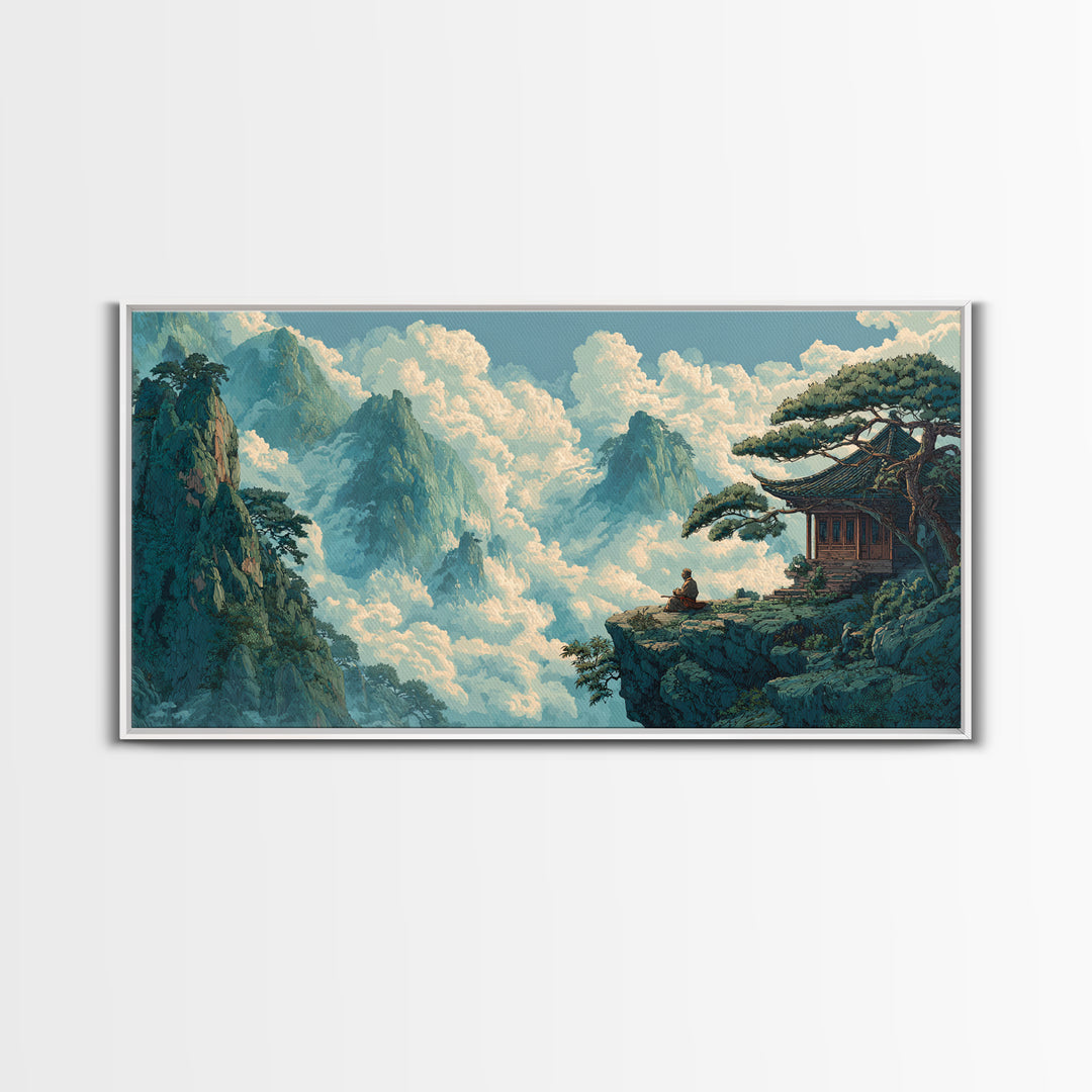 Serene Asian Landscape With Meditating Monk On Cliff Wall Art Modern Wall Decor Framed Canvas Print For Zen Living Room