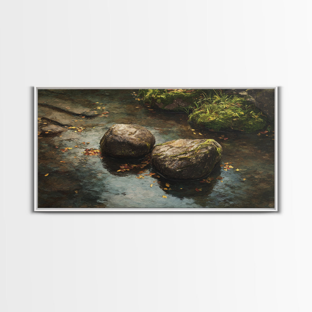Close Up Nature Landscape Painting With Stream And Rocks Canvas Print Wall Art For Rustic Farmhouse Home Decor