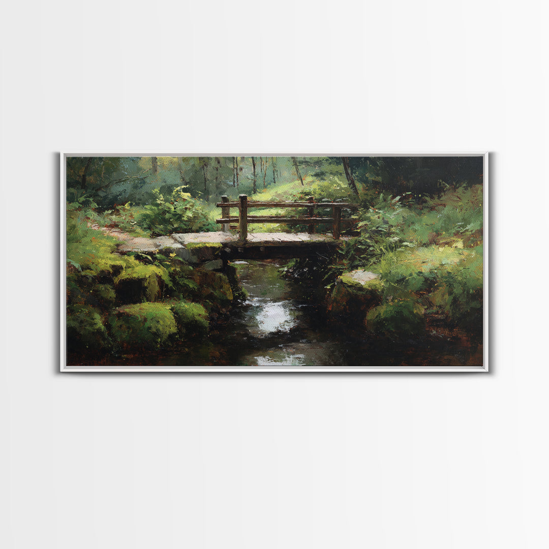Nature Trail With Wooden Bridge Over Stream Forest Waterfall Landscape Painting Canvas Print Wall Art