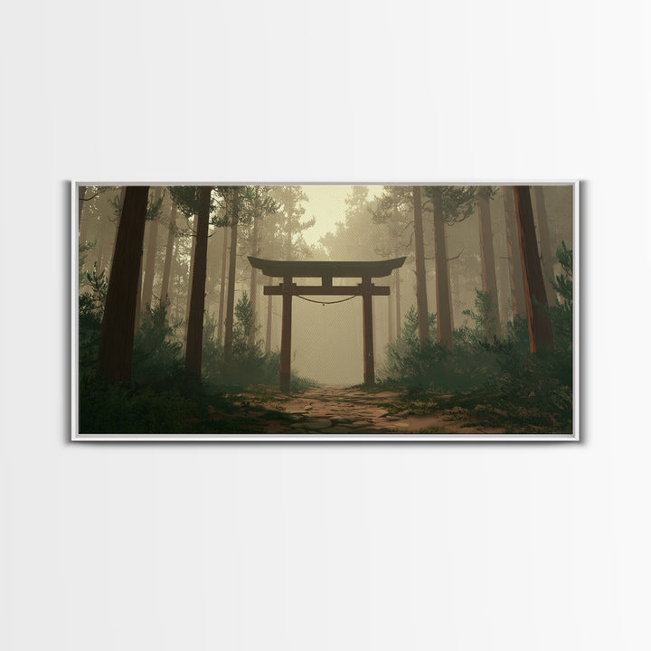 Mystical Japanese Torii Gate In Foggy Forest Scenic Landscape Wall Art Framed Canvas Print For Zen Home Decor And Meditation Space
