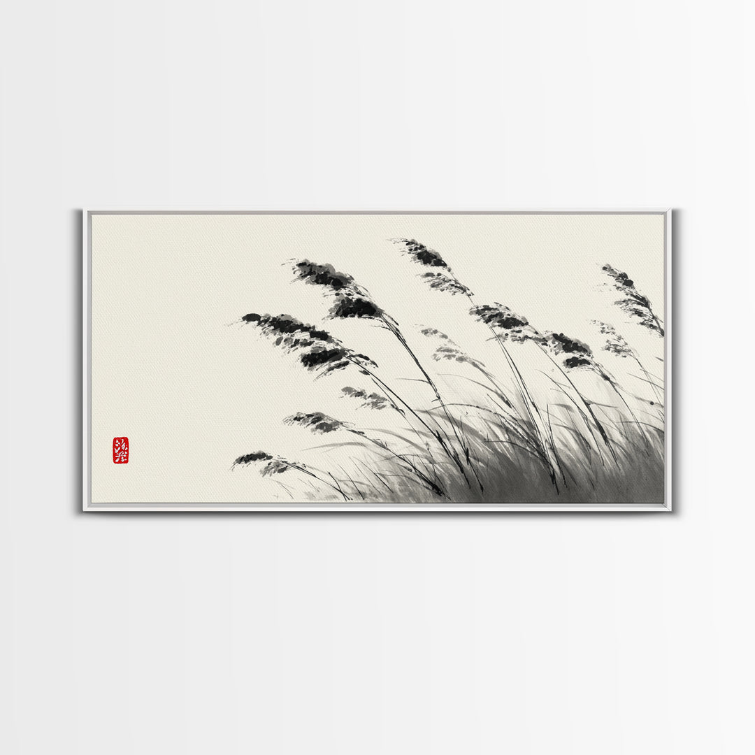 Elegant Monochrome Ink Brush Painting Of Swaying Grasses Minimalist Wall Art Canvas Print For Calm And Serene Home Decor