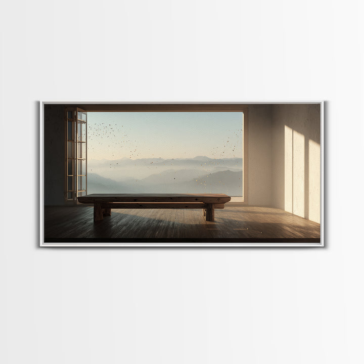 Serene Minimalist Room With Large Window Overlooking Mountain Landscape Zen Wall Art Canvas Print For Calm Living Room Decor Or Office Decoration