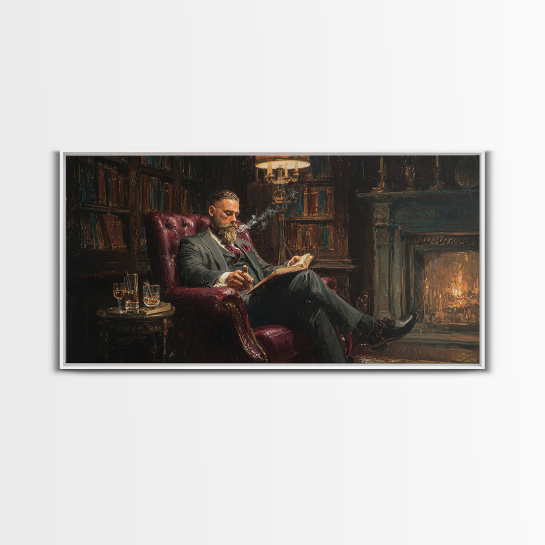 Bearded Man Reading By Fireplace Wall Art, Cozy Library Decor, Dark Academia Art, Book Lover Gift, Office Decor, Living Room Art