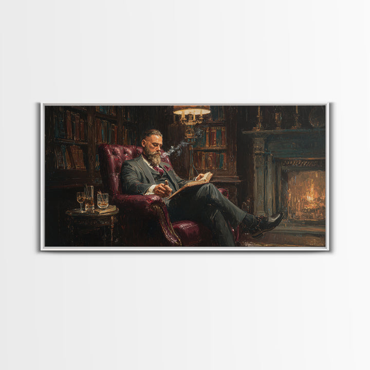 Bearded Man Reading By Fireplace Wall Art, Cozy Library Decor, Dark Academia Art, Book Lover Gift, Office Decor, Living Room Art