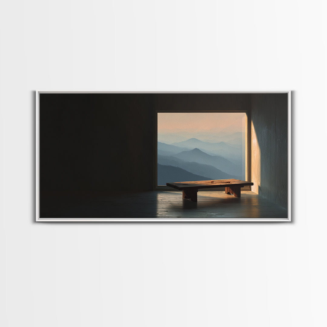 Serene Minimalist Interior With Mountain View Framed Canvas Print Home Decor Wall Art Living Room Decor Relaxing Art
