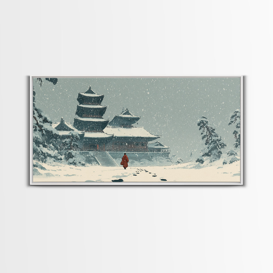 Snowy Temple Scene With Footprints In The Snow Winter Landscape Painting Framed Canvas Print