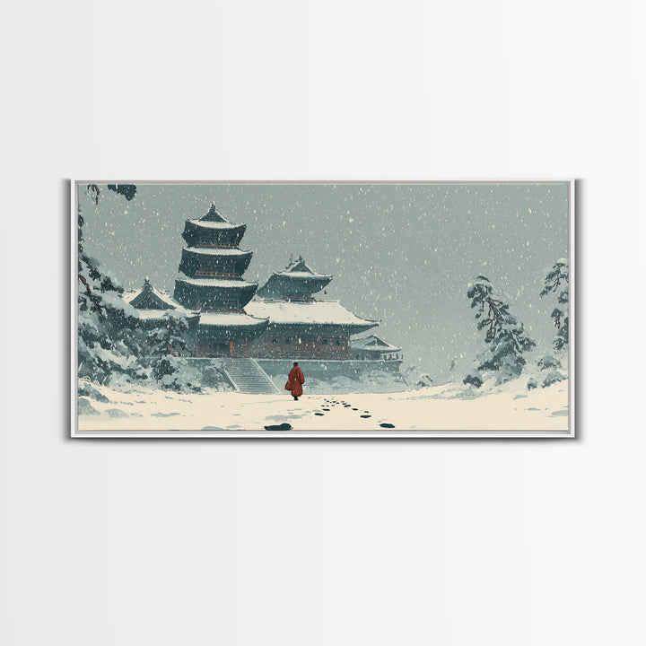 Snowy Temple Scene With Footprints In The Snow Winter Landscape Painting Framed Canvas Print