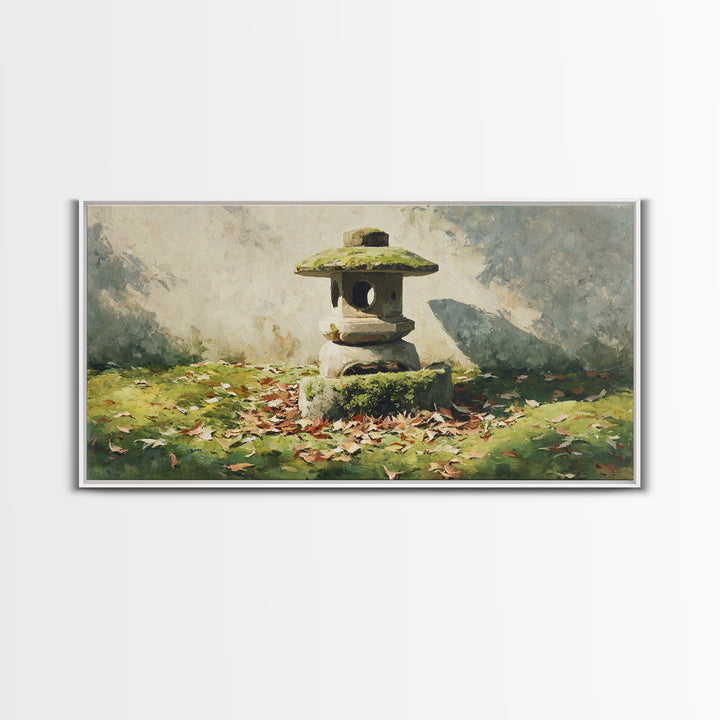 Classic Japanese Stone Lantern In Autumn Garden With Fallen Leaves Wall Art Traditional Asian Garden Canvas Print Framed