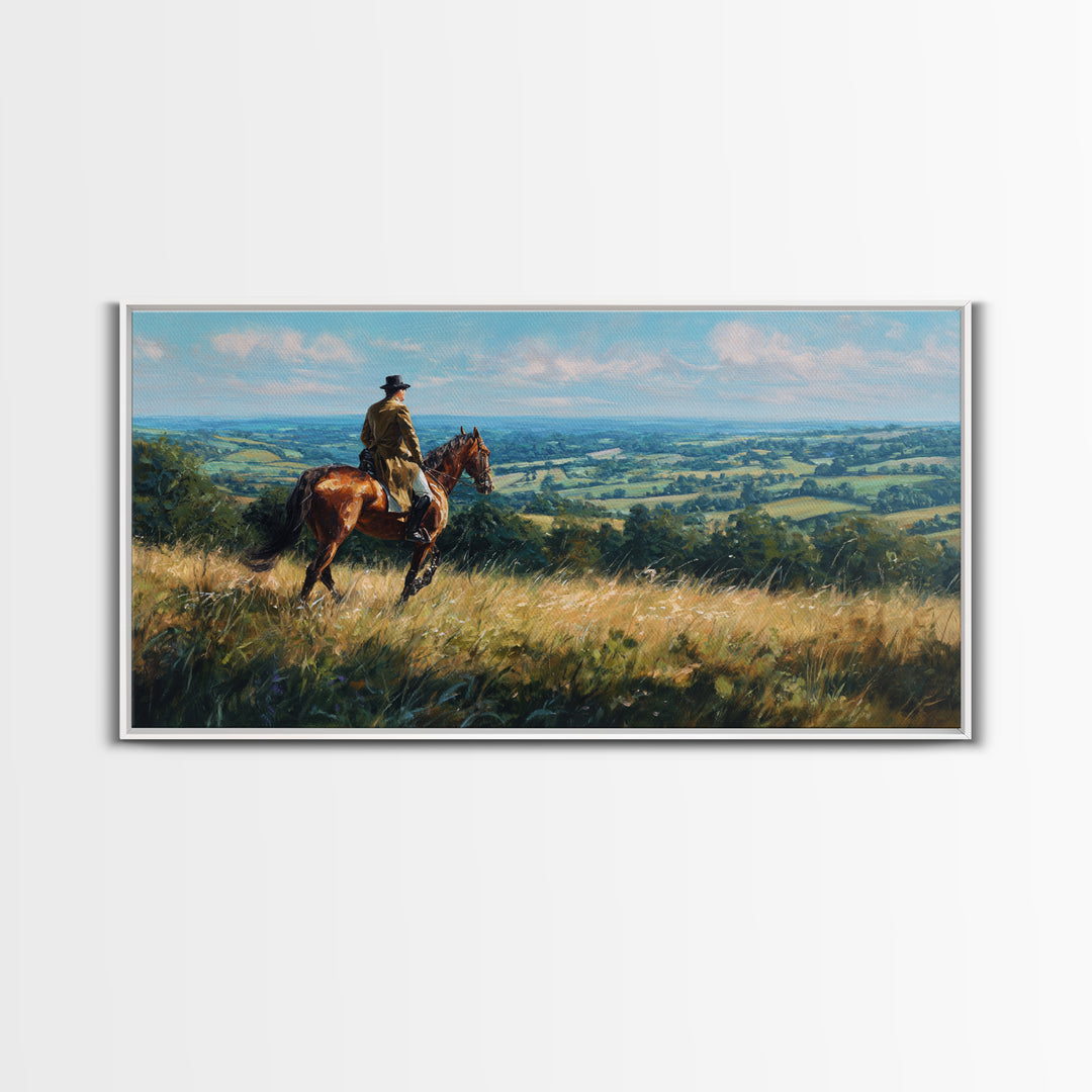 Horse Rider Countryside Landscape Wall Art, Equestrian Canvas Print, Rustic Farmhouse Decor, Horse Lover Gift, Living Room Decor