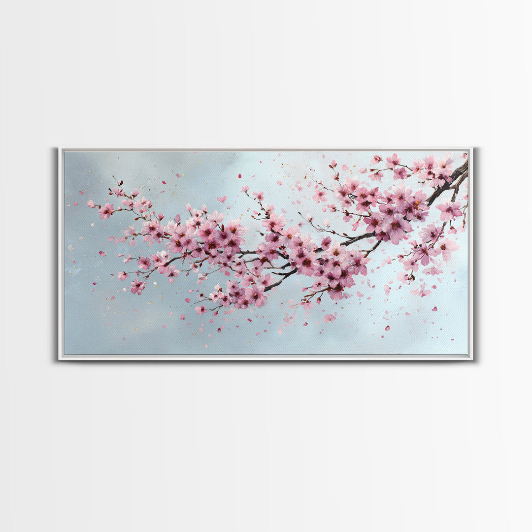 Pink Cherry Blossom Wall Art, Sakura Branch Painting, Japanese Botanical Decor, Spring Floral Living Room Bedroom Canvas Print