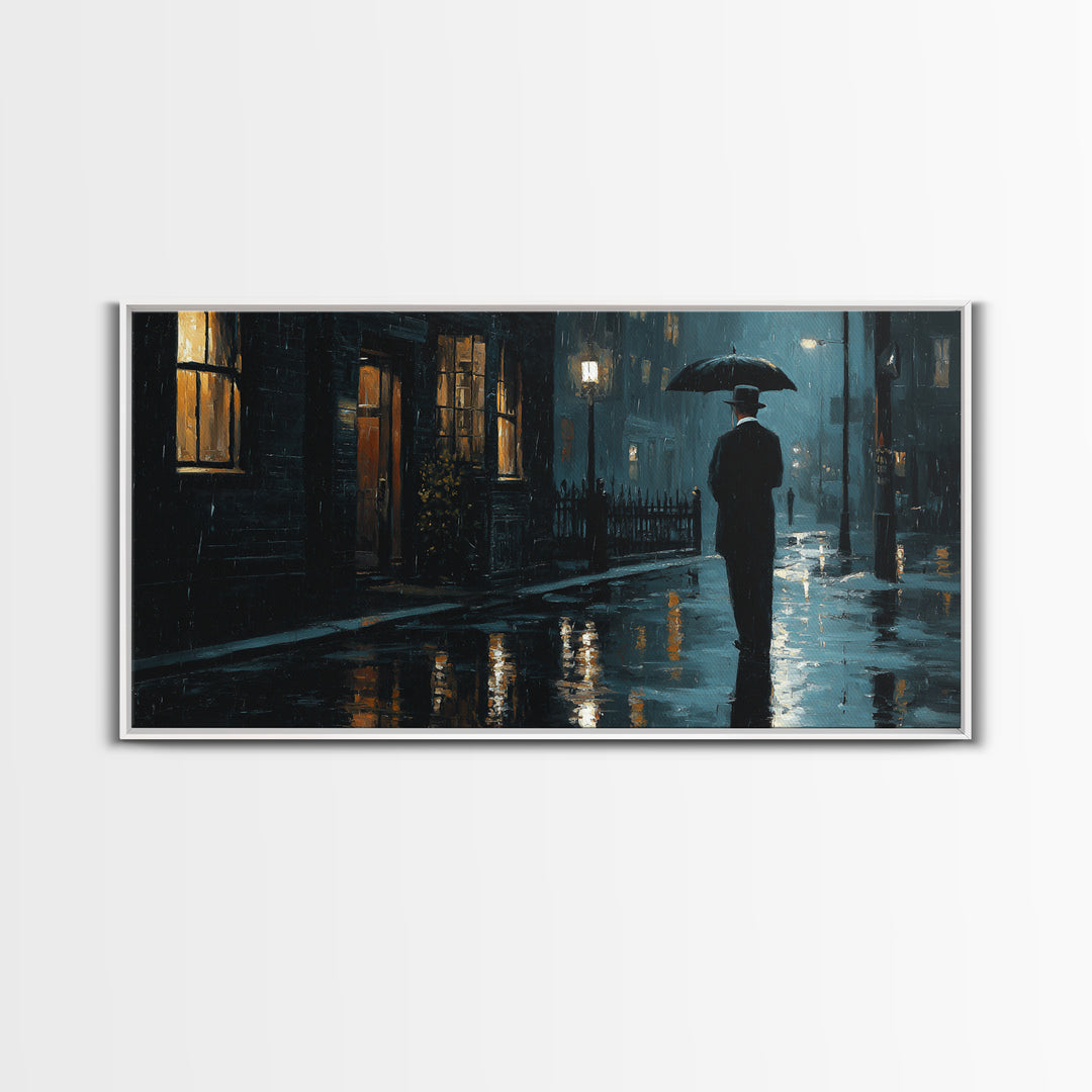 Rainy Noir City Street Wall Art, Blue Urban Night Canvas Print, Moody Office Decor, Dark Academia Living Room Print, Gift