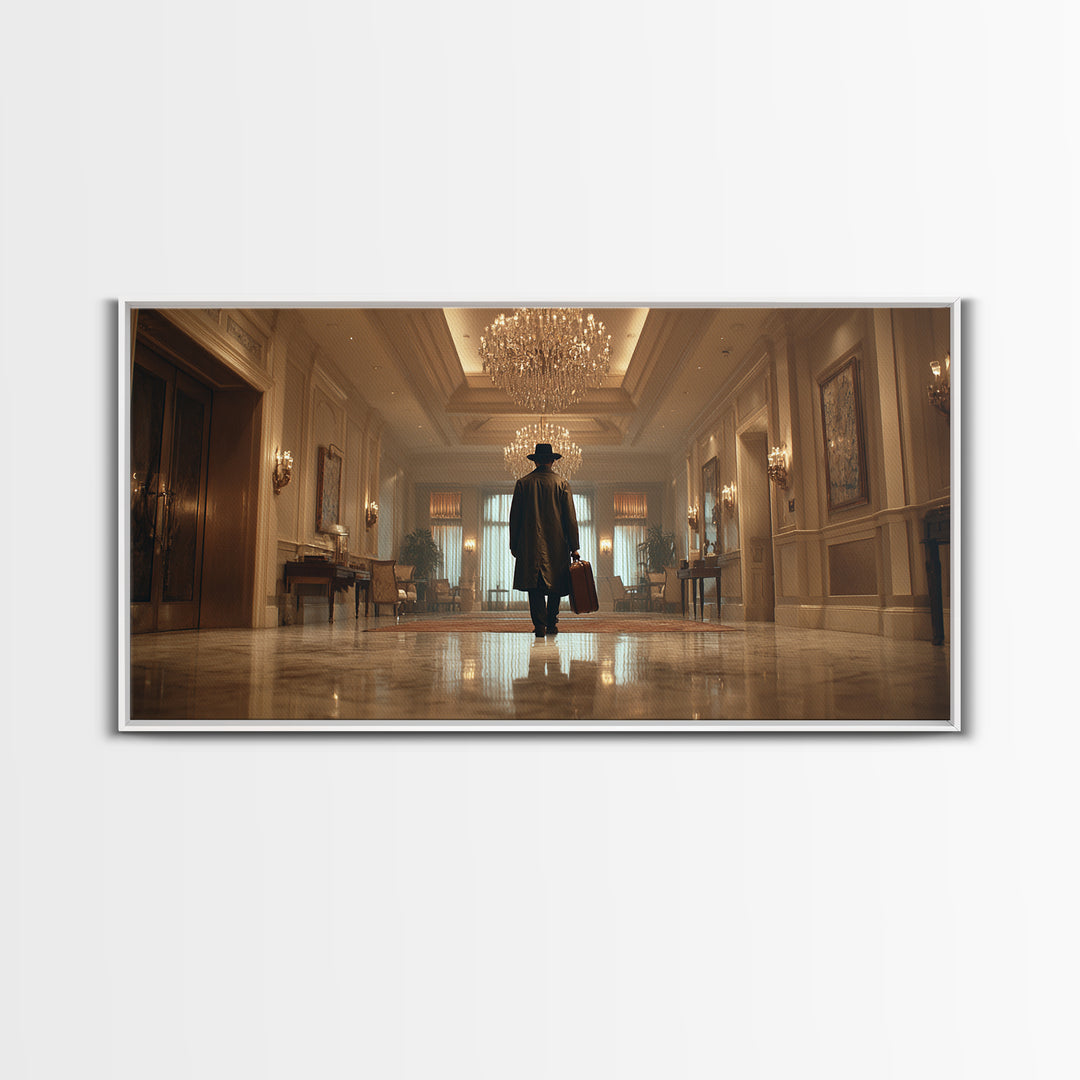 Mysterious Traveler In Luxury Hotel Lobby Canvas Print, Moody Wall Art, Dark Academia Decor, Grand Hallway Office Art Gift