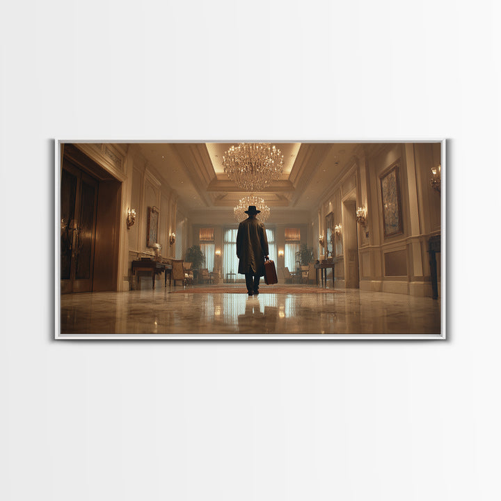 Mysterious Traveler In Luxury Hotel Lobby Canvas Print, Moody Wall Art, Dark Academia Decor, Grand Hallway Office Art Gift