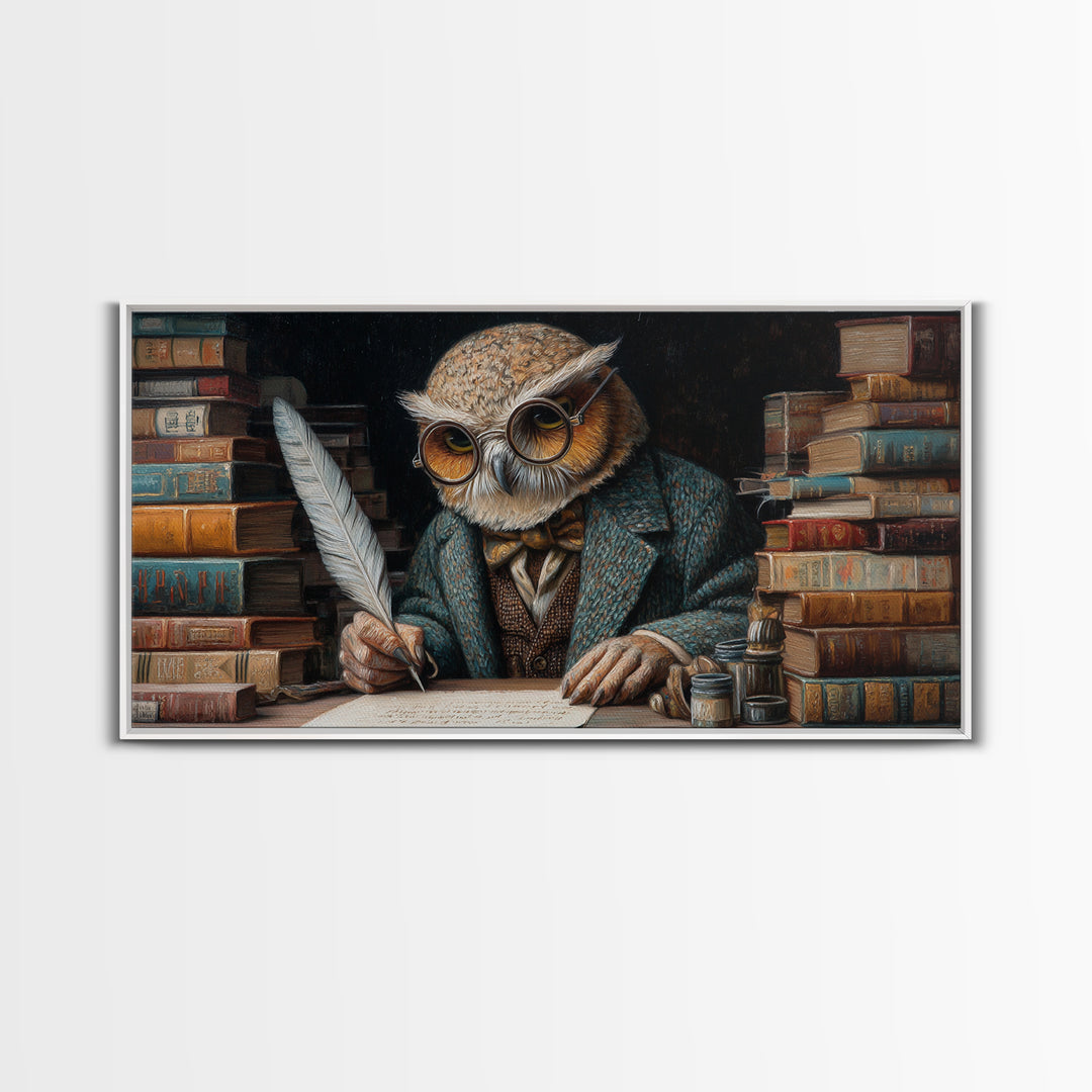 Scholarly Owl Writing Among Antique Books Framed Canvas Print, Whimsical Wall Art, Library Decor, Dark Academia, Bird Lover Gift