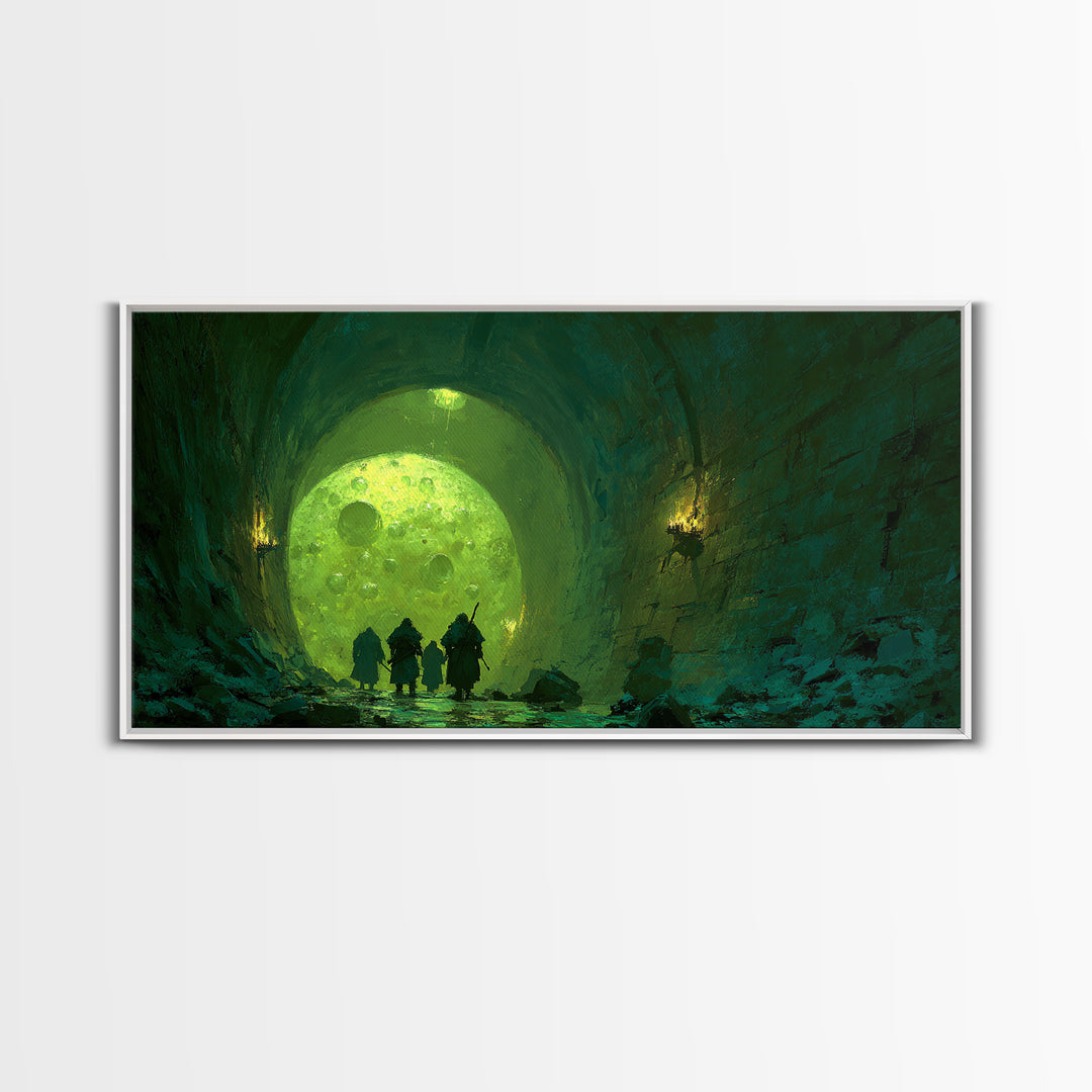 Glowing Green Moon Tunnel Wall Art, Dark Fantasy Landscape, Dungeon Decor, Whimsical Art Print, Gaming Room Wall Decor, Gift