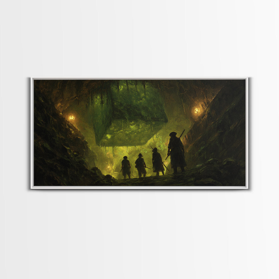 Adventurers Discover Floating Green Cube Canvas Print, Fantasy Cavern Wall Art, Dnd Decor, Gaming Room Art, Unique Gift Idea