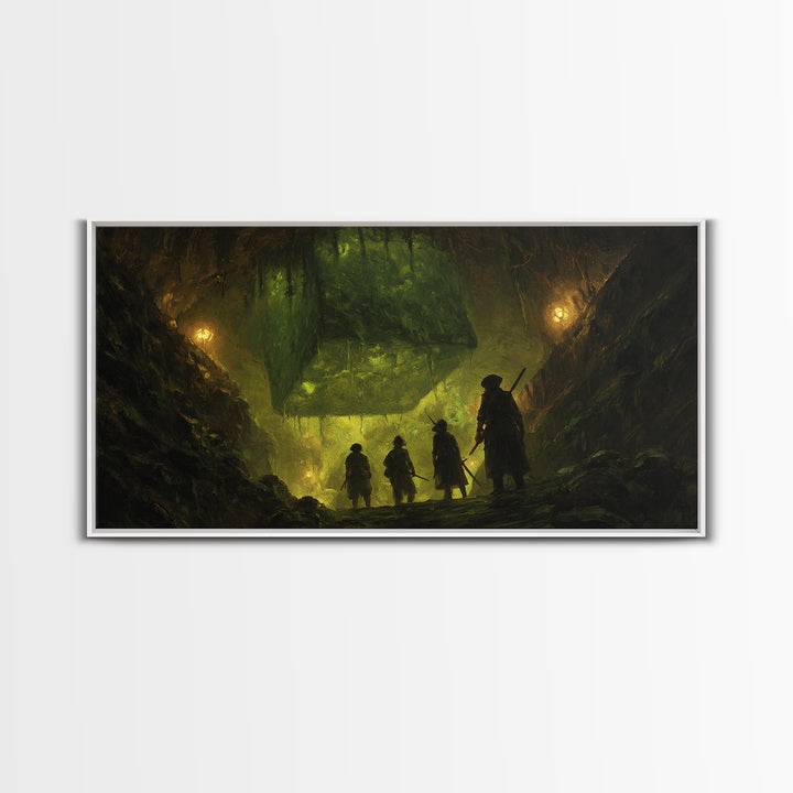 Adventurers Discover Floating Green Cube Canvas Print, Fantasy Cavern Wall Art, Dnd Decor, Gaming Room Art, Unique Gift Idea