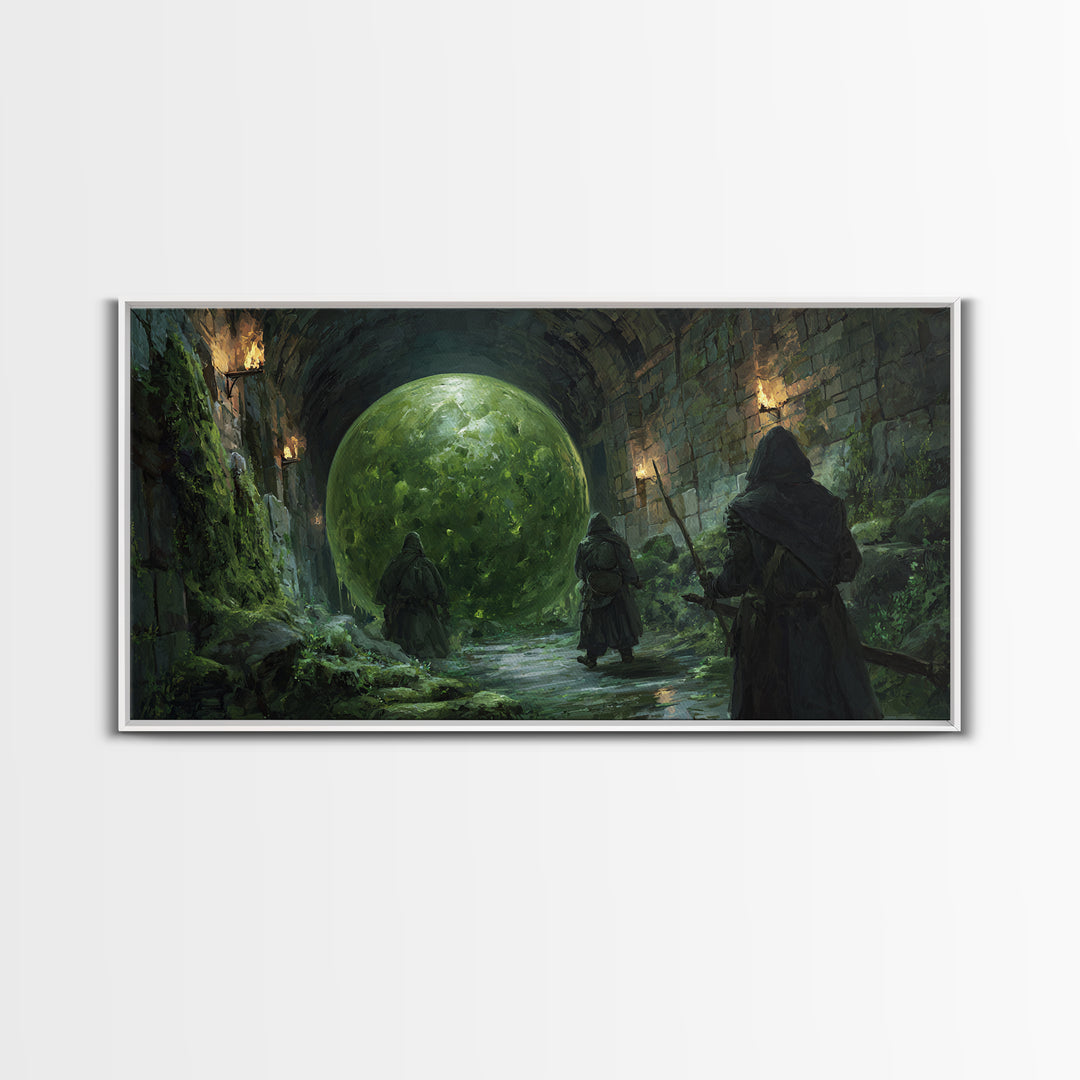Cloaked Rangers Approach Green Orb Framed Canvas Print, Fantasy Dungeon Wall Art, Gothic Decor, Dnd Art, Gaming Room Decor