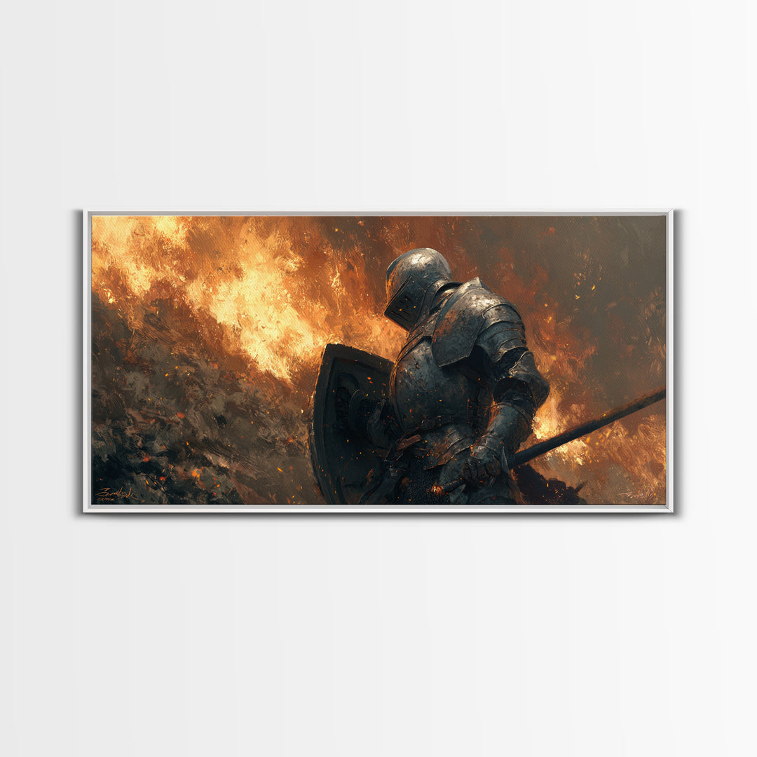 Armored Knight In Blazing Battlefield Canvas Print, Medieval Fantasy Art, Warrior Wall Decor, Gothic Wall Art, Gift For Him