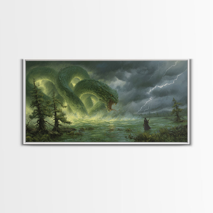 Giant Emerald Serpent In Stormy Marsh Canvas Print, Fantasy Wall Art, Dragon Artwork, Dark Academia Home Decor, Mystical Wall Decor