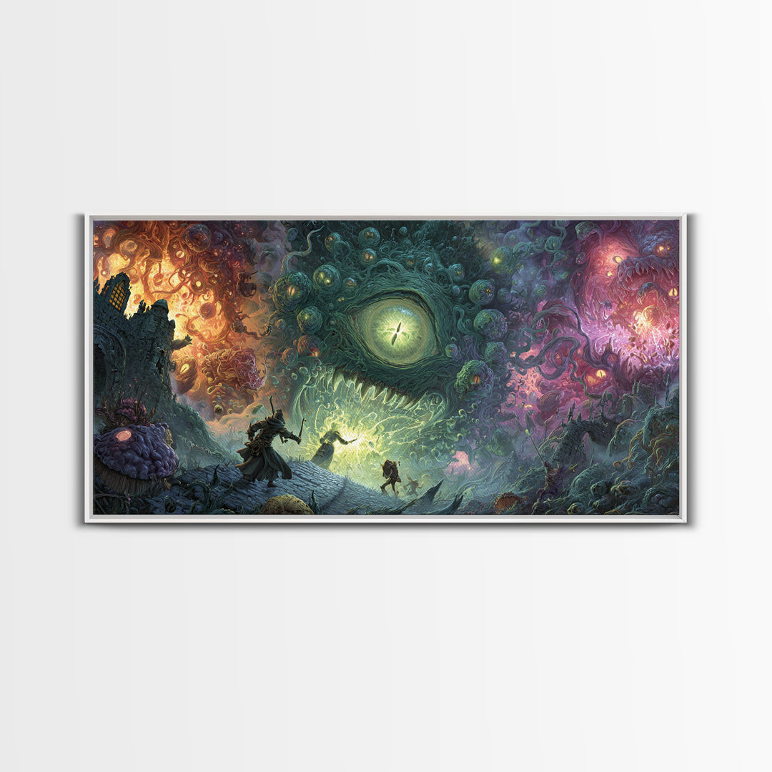Adventurers Facing Cosmic Portal Monster Canvas Print, Surreal Fantasy Wall Art, Lovecraftian Game Room Decor Gift For Him