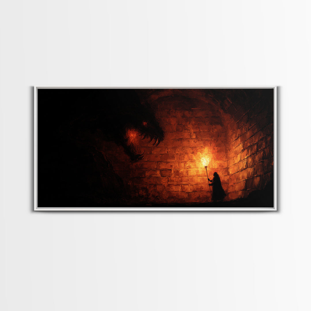 Cloaked Figure With Torch Facing Dungeon Beast Canvas Print, Gothic Wall Art, Dark Fantasy Creepy Horror Decor Gift For Him