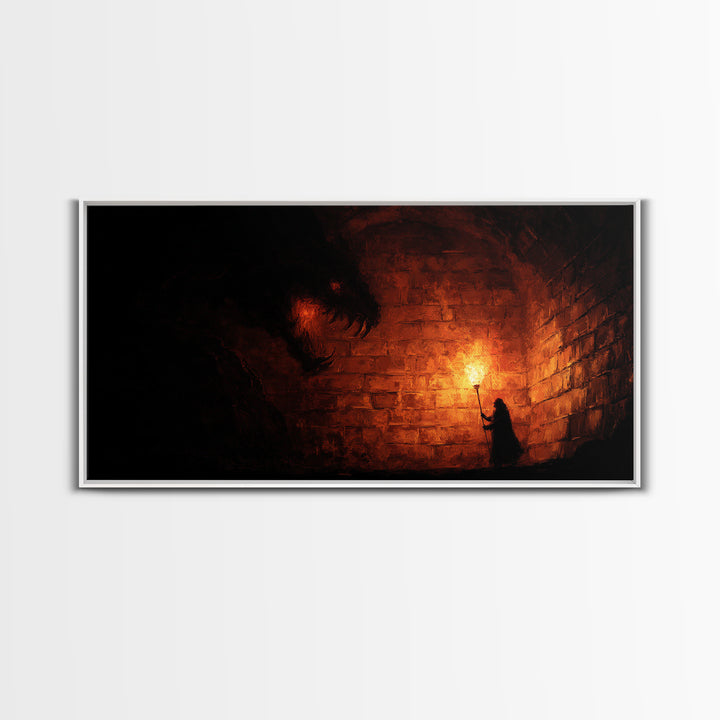 Cloaked Figure With Torch Facing Dungeon Beast Canvas Print, Gothic Wall Art, Dark Fantasy Creepy Horror Decor Gift For Him
