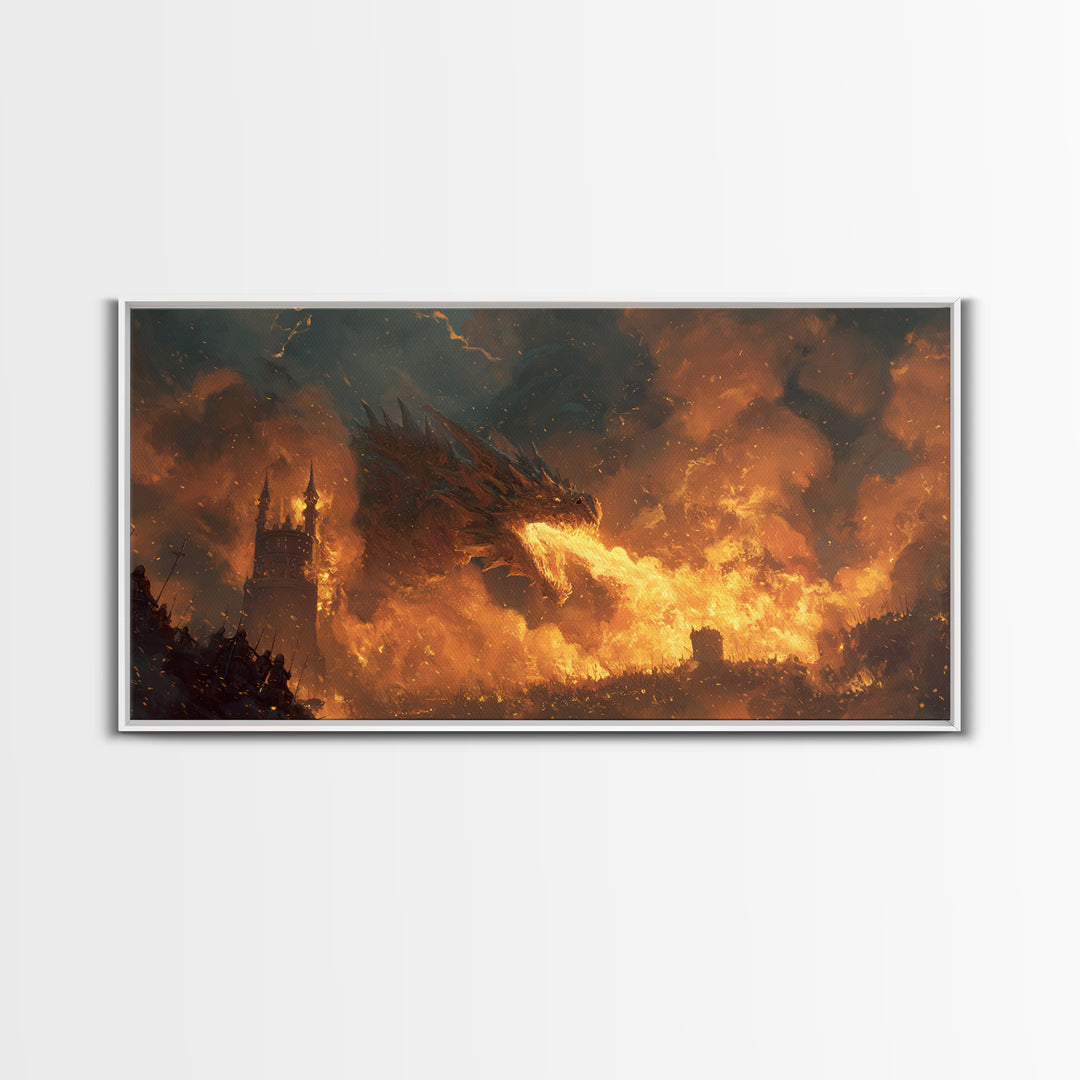 Red Dragon Breathing Fire Over War Torn Kingdom Framed Canvas Print, Epic Fantasy Wall Art, Medieval Castle Decor Gift For Him