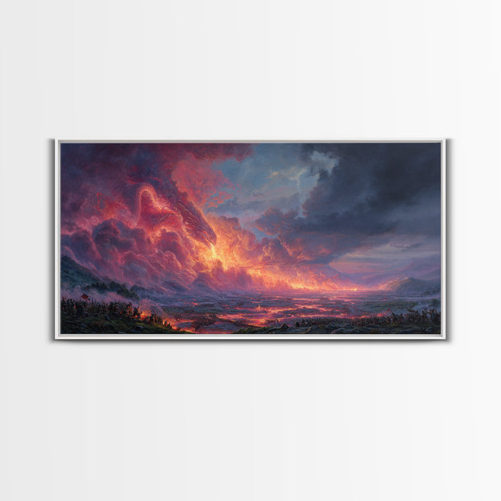 Glowing Lava Dragon Above Volcanic Valley Framed Canvas Print, Fantasy Landscape Wall Art, Dramatic Game Room Decor Gift For Him