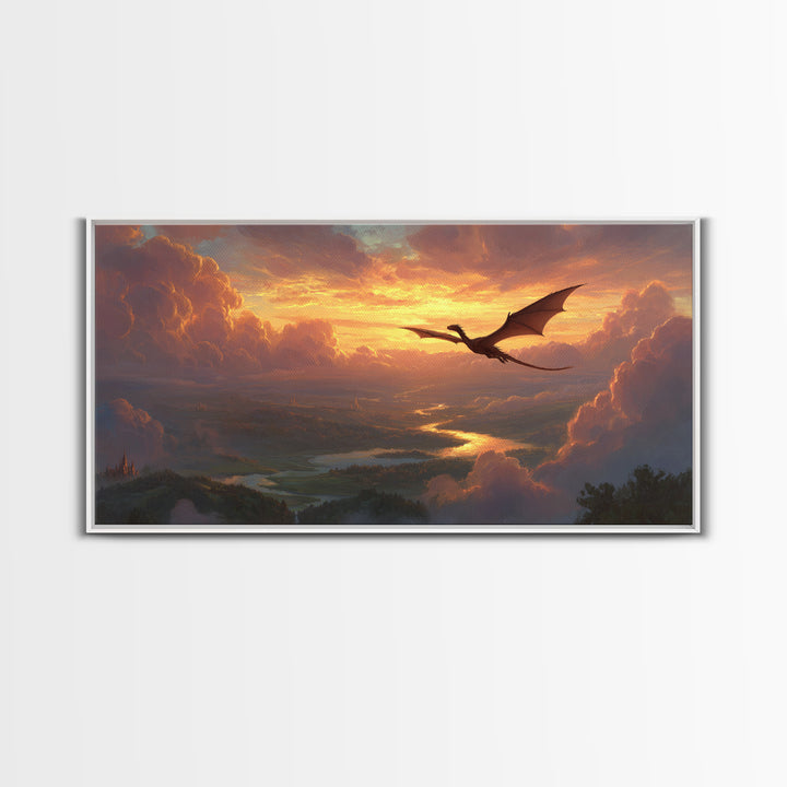Sunset Dragon Over Golden River Valley Canvas Print, Fantasy Landscape Wall Art, Epic Castle Decor, Large Panoramic Artwork