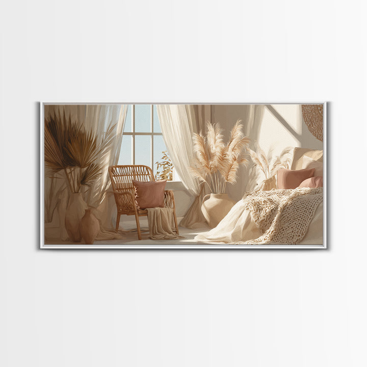 Sunlit Boho Bedroom With Pampas Grass Framed Canvas Print, Neutral Wall Art, Cozy Home Decor, Above Bed Decor Gift For Her