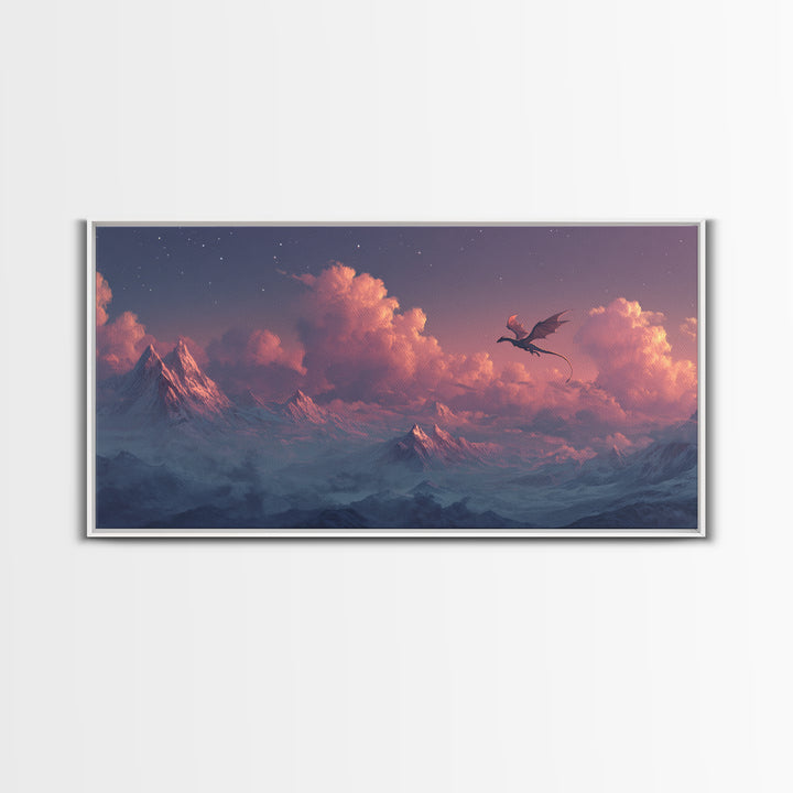 Twilight Dragon Above Snowy Mountains Framed Canvas Print, Fantasy Wall Art, Starry Sky Decor, Majestic Alpine Landscape